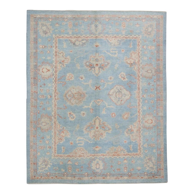 Early 21st Century Blue Handwoven Wool Turkish Oushak Rug in Red Floral Pattern 8'4" X 10'2" For Sale