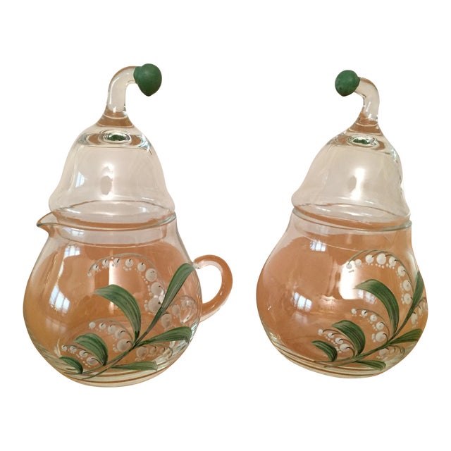 Vintage Clear Glass Creamer and Sugar Set With Lily of Vally Decoration- 2 Pieces For Sale