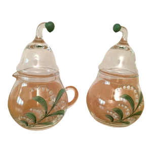 Vintage Clear Glass Creamer and Sugar Set With Lily of Vally Decoration- 2 Pieces