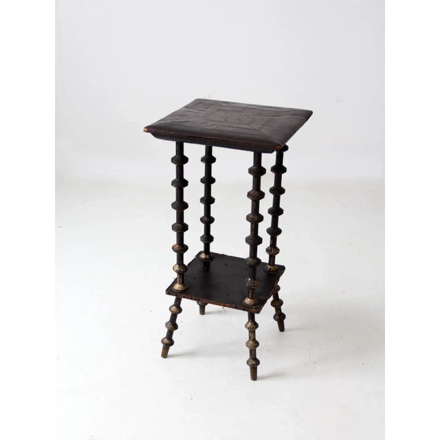 Black Antique Spool Table With Leather Top For Sale - Image 8 of 13