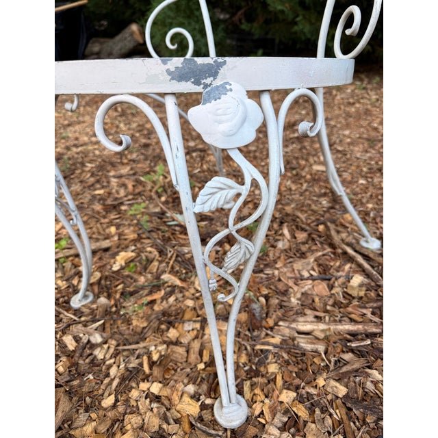 Alabaster Vintage Woodard Chantilly Rose Wrought Iron Side Chairs — Set of 3 | Original White / Grey Paint | Stamped Maker’s Mark For Sale - Image 8 of 12