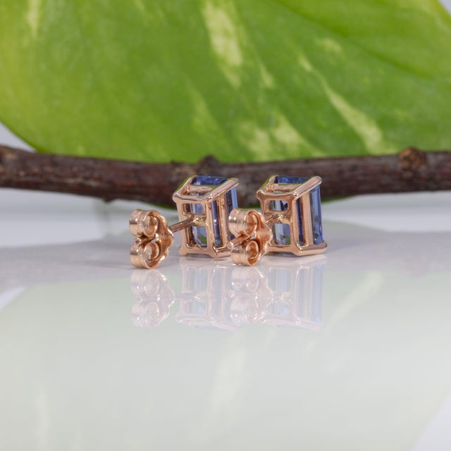 Blue Aaa Tanzanite Solitaire Studs, Emerald Cut 7x5mm - Fine Solid 14k Gold, Pair For Sale - Image 8 of 8
