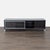 This sleek black entertainment center features a modern design with a glass front sliding door and metal trim. It has four...