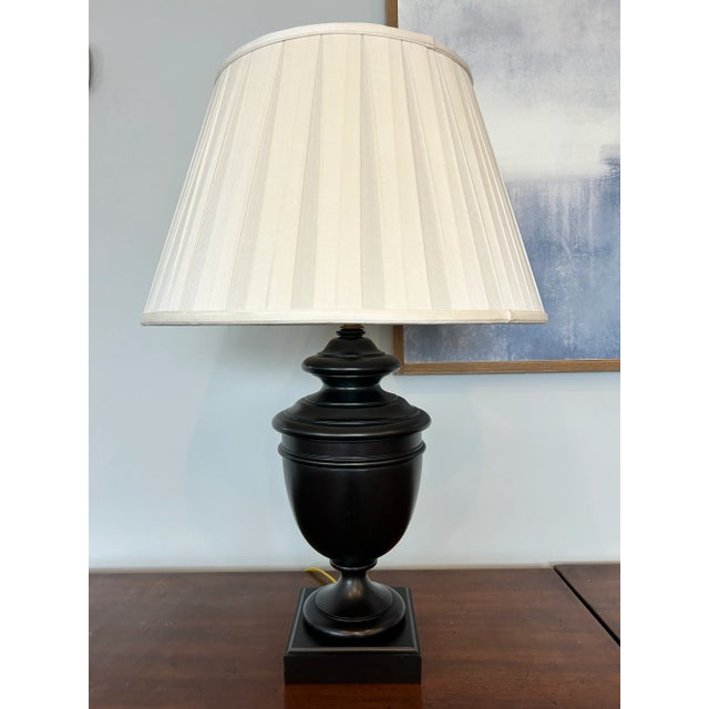 Late 20th Century Sculptural Solid Wood Pedestal Table Lamp with Pleated Silk Shade Elevate your interior with this...