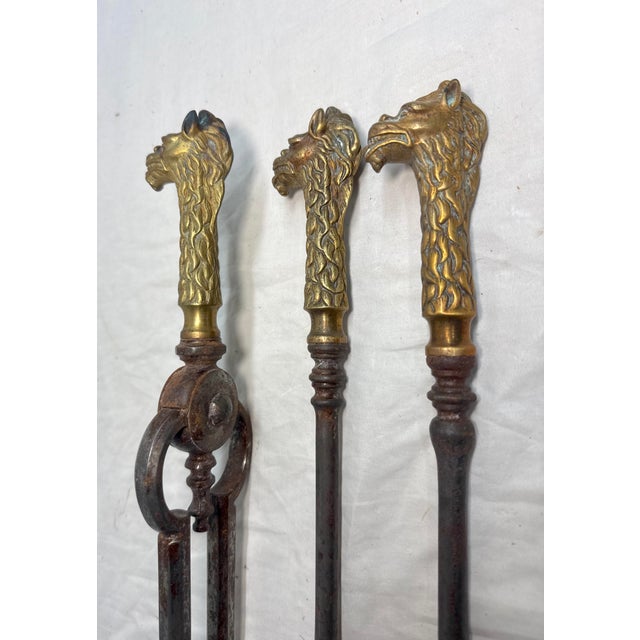Metal Set of 3 Antique 1800s Brass Steel Figural Dragon Fireplace Tools Poker Tong For Sale - Image 7 of 15