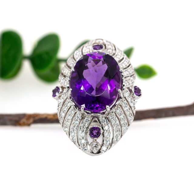 22cts Zambian Amethyst Ring With Earth Mined Diamond Accents in 14k Solid Gold, Size 6.75 For Sale - Image 4 of 7