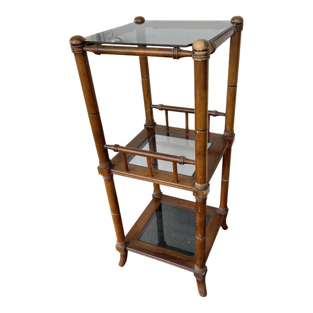 Three-Tier Faux Bamboo & Smoke Glass Etagere Shelf For Sale