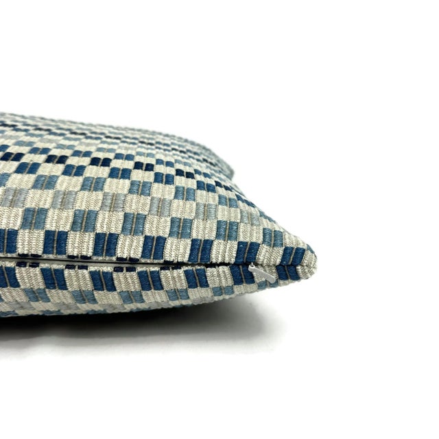 Abstract Kravet Couture Vernazza in Indigo Lumbar Pillow Cover Gray Chenille With Blue and Light Blue Check For Sale - Image 3 of 5