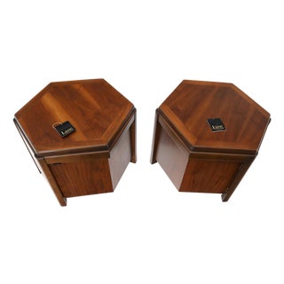 Late 20th Century Pair of Hexagon Walnut End Side Tables w/ One Door Cabinets Storage Compartment For Sale
