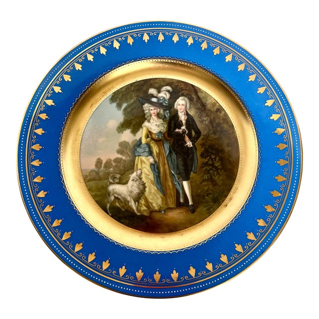 19th Century Royal Vienna Style "The Morning Walk" Cobalt and Gold Gilt 10.5" Cabinet Plate For Sale