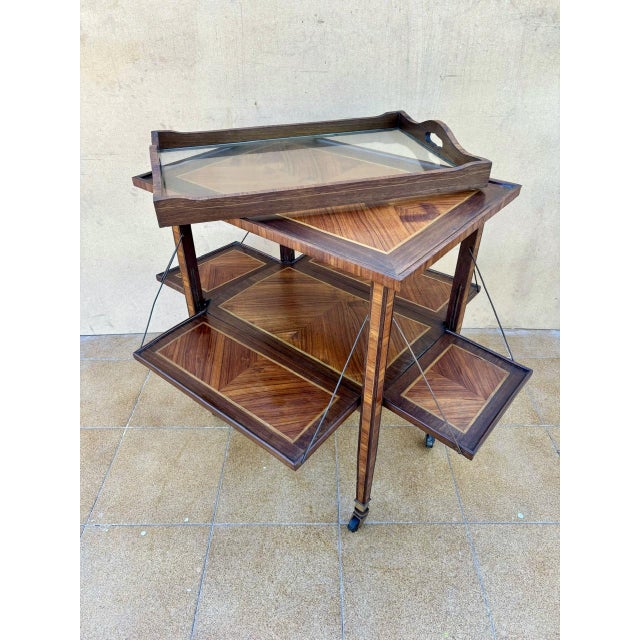 Art Deco Folding Bar Cart with Walnut Marquetry, France, 1930s For Sale - Image 9 of 11