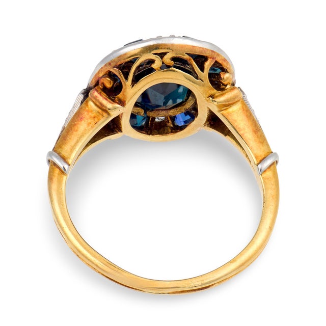 1910s 1910s Edwardian Sapphire Diamond 18k Yellow Gold Platinum Ring, , Size 3.25 For Sale - Image 5 of 6