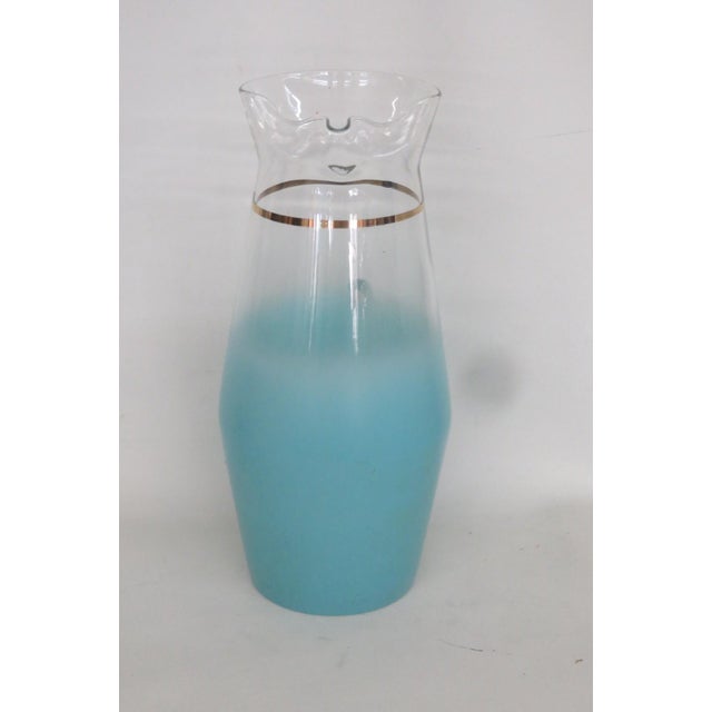Mid-Century Modern West Virginia Glass Company Turquoise Blendo Pitcher With Gold Accent 4911b For Sale - Image 3 of 17