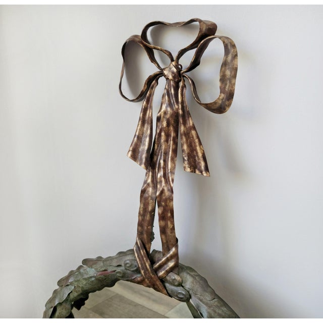Metal Regency LaBarge Italian Patinated Tole Wreath Bow Metal Wall Mirror For Sale - Image 7 of 14