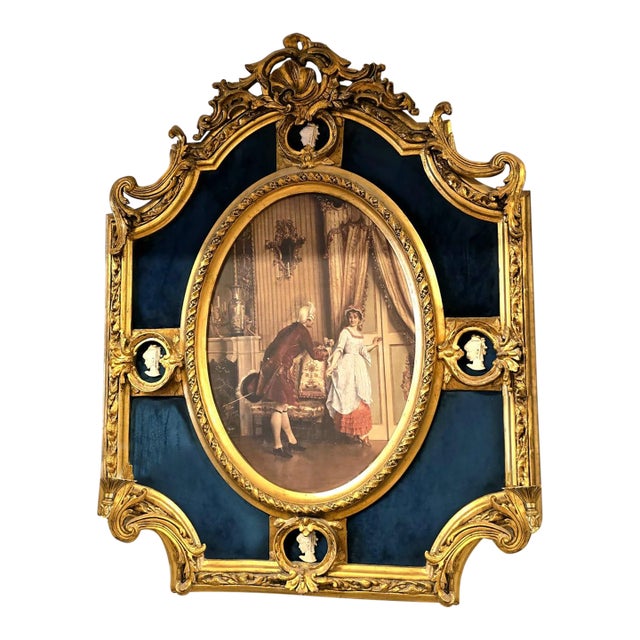 French Baroque Portrait Panel – Elegant Couple Scene With Blue Velvet & Ornate Gold Leaf Frame For Sale