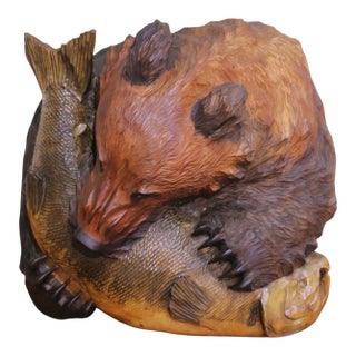 19th Century German Black Forest Walnut Bear and Fish Carved Wall Sculpture For Sale