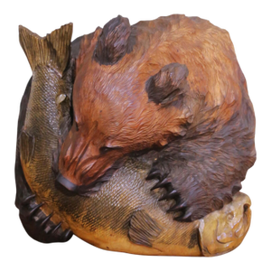 19th Century German Black Forest Walnut Bear and Fish Carved Wall Sculpture