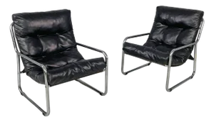 Set of Italian Modern Armchairs in Tubular Metal and Black Synthetic Leather, 1970s