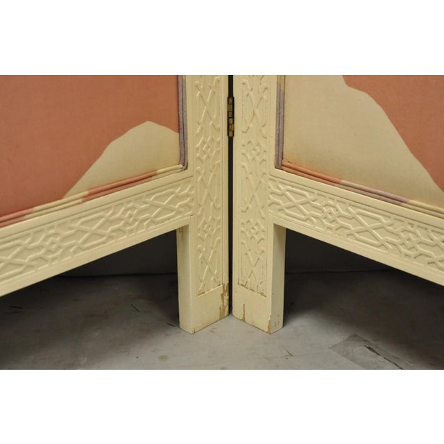Vintage Oriental Fretwork Bone Lacquer Upholstered 6 Panel Room Divider Screen For Sale - Image 15 of 18