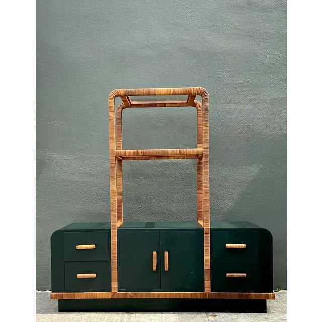 Late 20th Century Vintage Wrapped Rattan Etagere and Laminate Credenza For Sale - Image 5 of 12