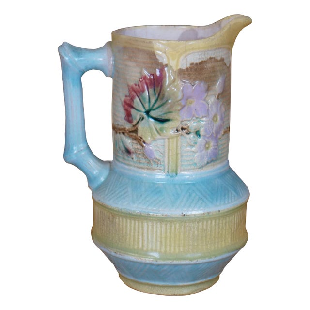 Antique Majolica Wardle Bamboo Basketweave Dogwood Flower Pitcher Jug For Sale