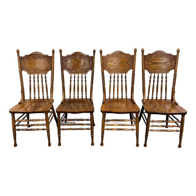 Antique Oak Pressed Back Barley Twist Dining Chairs - Full Set of 4 For Sale