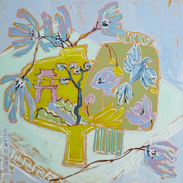 Mixed media on gallery wrapped canvas Measures @ 37 x 37 x 2 framed Sold framed in a natural wood floater This is an...