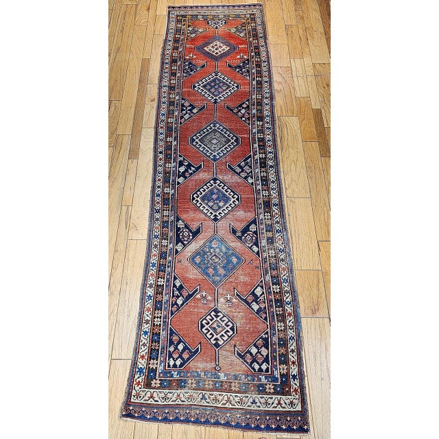Antique Persian Kurdish Bidjar Runner Rug, Hand-Knotted Wool, Geometric Pattern, Terracotta & Navy, 3x13 For Sale - Image 17 of 17