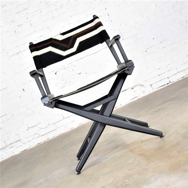 Mid-Century Modern Vintage Modern Director’s Chair Folding Black Brown White Geometric Needlepoint For Sale - Image 3 of 13