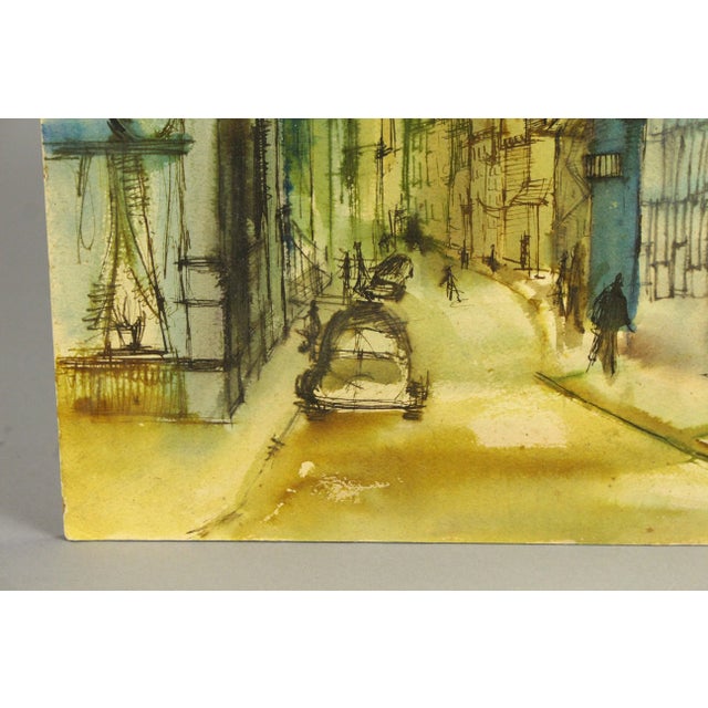 The American School Vintage American School Modernist Urbanist Watercolor Street Scene Painting, Signed Sullivan For Sale - Image 3 of 9