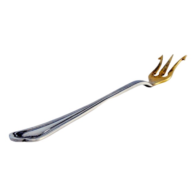 Silver Serving Fork with Three Golden Tines and Stripes For Sale