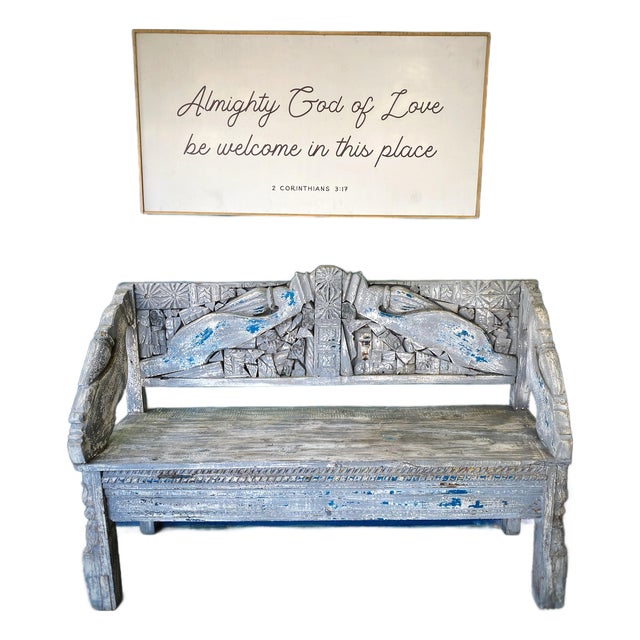 Vintage Balinese Hand-Carved Teak Peacock Bench With Original Polychrome Paint | Indonesian Folk Art Settee For Sale