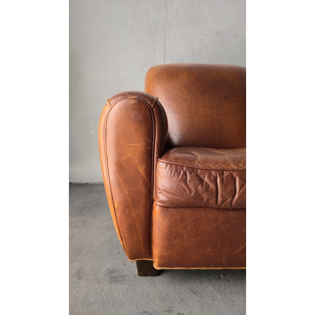 1990s Art Deco European Style Patinated Leather Club Chair For Sale - Image 5 of 9