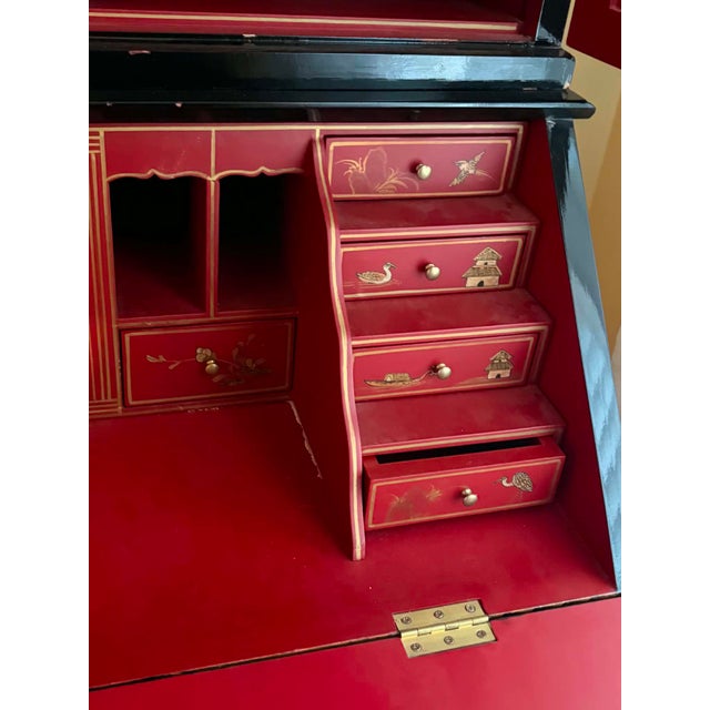 Hand-Painted Vintage Chinoiserie Village Scene Secretary Desk & Bookcase For Sale - Image 10 of 17
