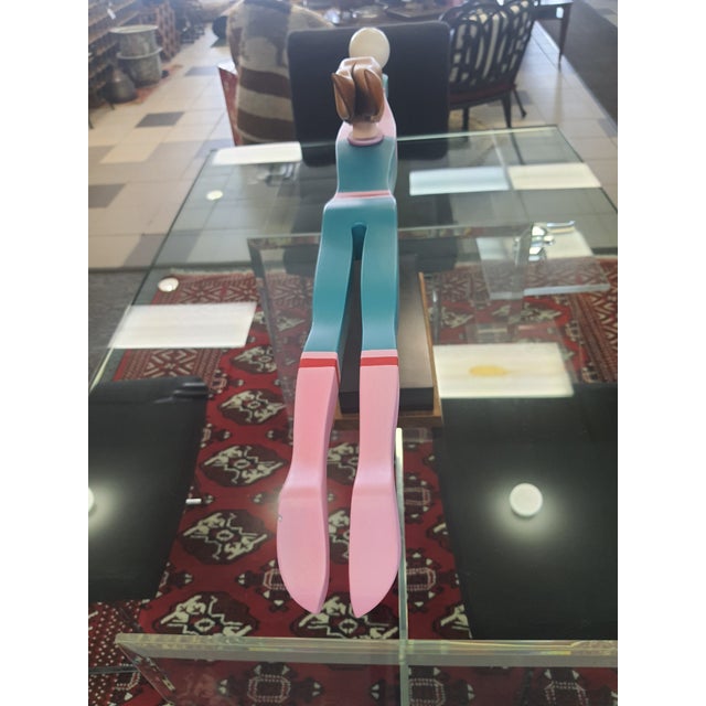 Wood 1987 JW Eaton Postmodern Pink and Blue Wooden Sculpture "Lamppost Flyer" For Sale - Image 7 of 7