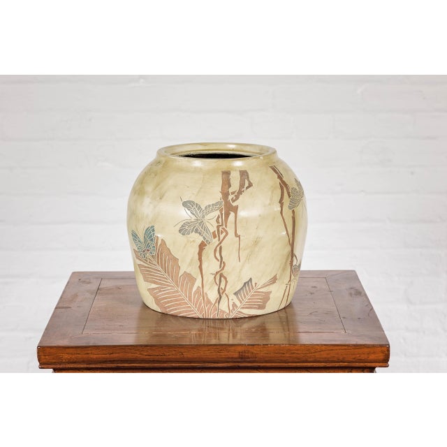 Japanese Antique Mustard Glaze Ceramic Planter with Incised Butterfly Decor For Sale In New York - Image 6 of 12