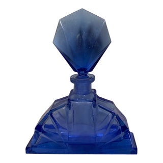 Art Deco Czech Cobalt Blue Fan Perfume Bottle With Faceted Cut Stopper C 1920 For Sale