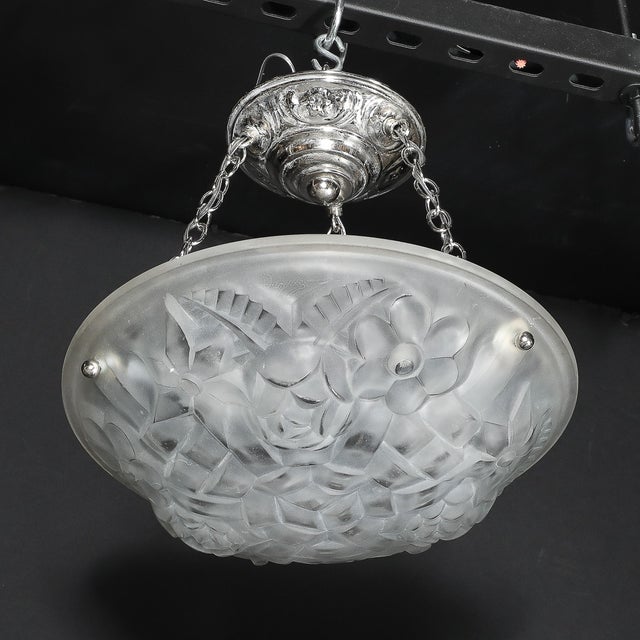 Art Deco Frosted Glass Floral Cubist Chandelier W/ Chrome Fittings Signed Degué For Sale - Image 12 of 18