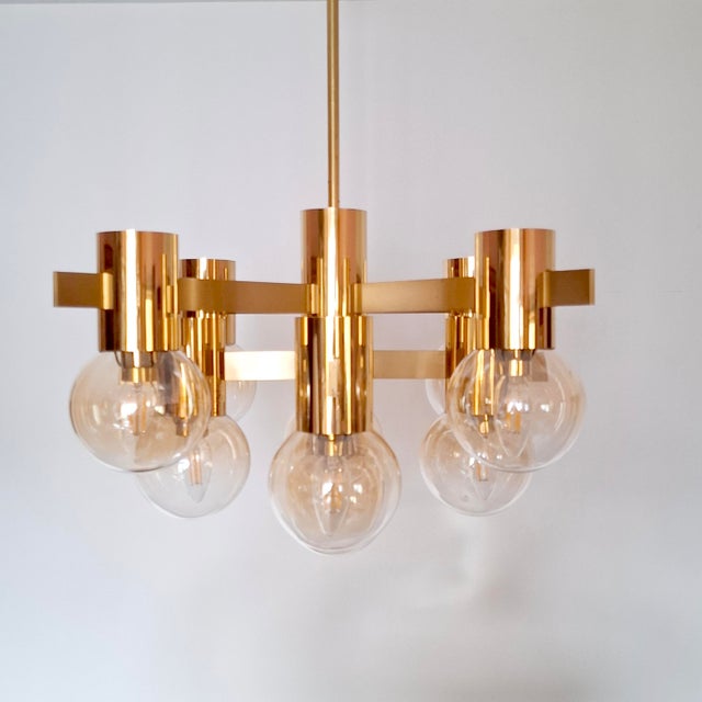 Large German Brass Sputnik Chandelier with Amber-Colored Glass Globes by Hans-Agne Jakobsson, 1960s For Sale - Image 11 of 17