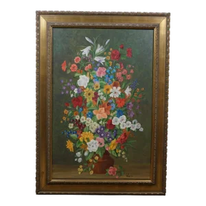 Vintage Gustav Pawlu Floral Botanical Bouquet Still Life Oil Painting 44"