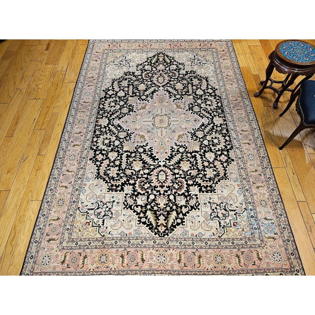 Vintage Persian Tabriz Heriz Rug, Geometric Pattern, Hand-Knotted Wool, Black & Ivory, 7’ X 10’ For Sale - Image 4 of 12