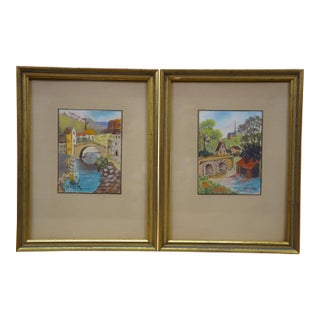 Mid Century Helen McRae Architectural Watercolor City Landscape Paintings 9" - Set of 2 For Sale