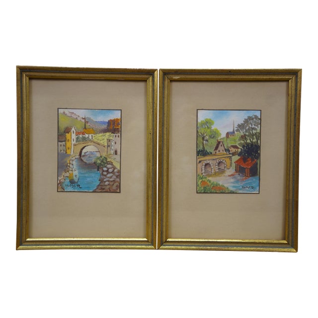 Mid Century Helen McRae Architectural Watercolor City Landscape Paintings 9" - Set of 2 For Sale