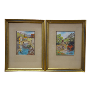 Mid Century Helen McRae Architectural Watercolor City Landscape Paintings 9" - Set of 2