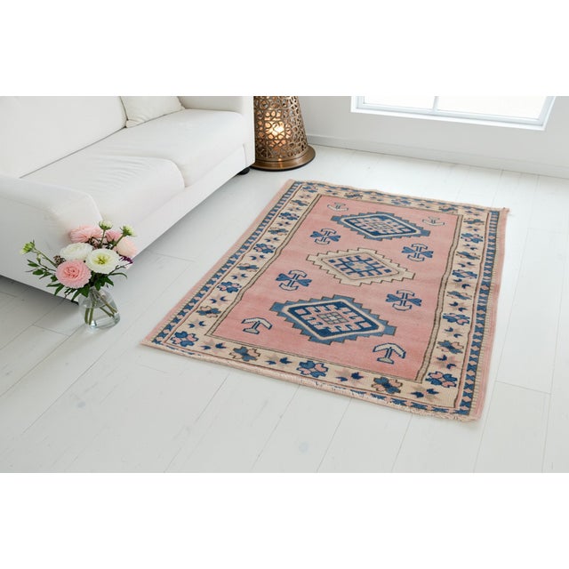 1960s Muted Terracotta & Navy Blue Medallion Rug, Hand-Knotted Wool Carpet For Sale - Image 9 of 10