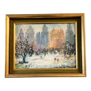 1950’s Naive Impressionist Snow Scene Cityscape With Figures Vintage Frame For Sale