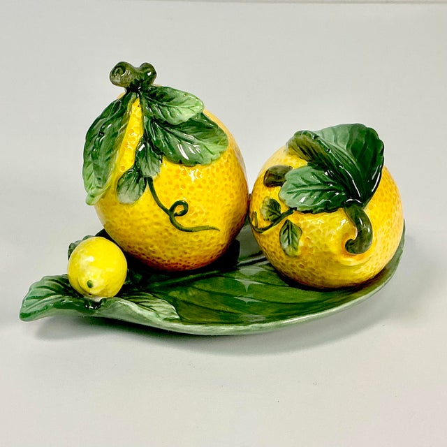 1980s Vintage Hollywood Regency Majolica Lemon Salt & Pepper Shaker - Set of 3 For Sale - Image 16 of 17