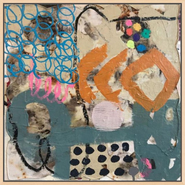 Loops of bright blue and bold orange diamonds float over a ground of slate teal, cream and spotted black shapes, like a...