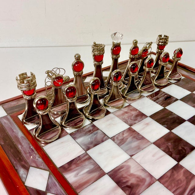 1950s Vintage Frank Lloyd Wright Arts & Crafts Boho Chic Stained Glass Chess Set - Set of 33, Atrributed For Sale - Image 17 of 18
