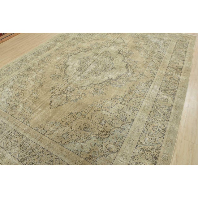 Farmhouse Tabriz Rug 9’8” X 12’7” Beige Wool Vintage Distressed Hand-Knotted Carpet For Sale - Image 3 of 15